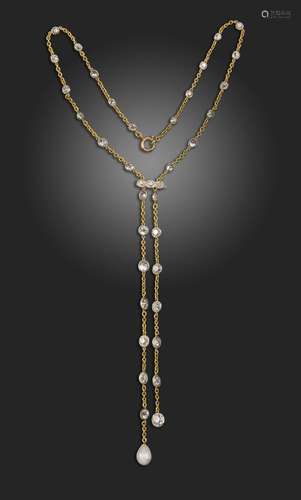 A diamond and pearl-set long guard necklace, set with gradua...