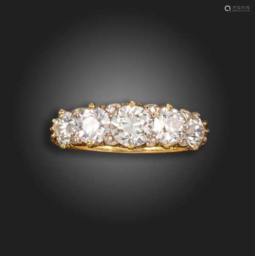 A late Victorian diamond five-stone ring, set with five grad...