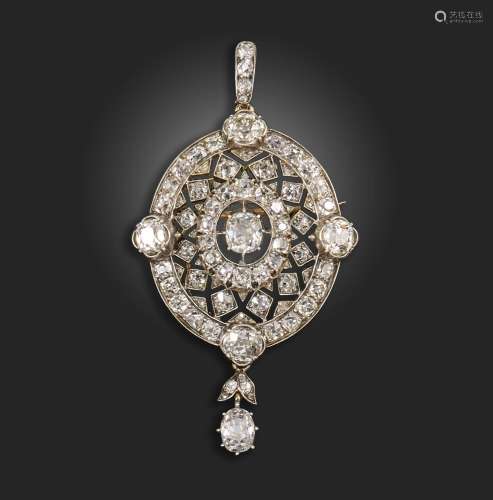 A late Victorian diamond pendant brooch, set with a central ...