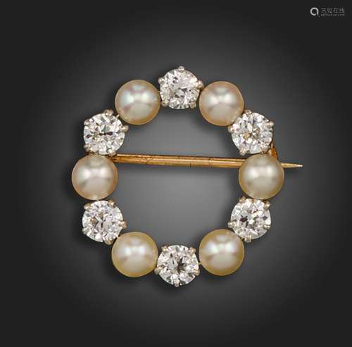 A natural pearl and diamond circular brooch by Tiffany &...