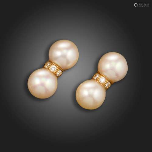 A pair of cultured pearl and diamond earrings by Cartier, ea...