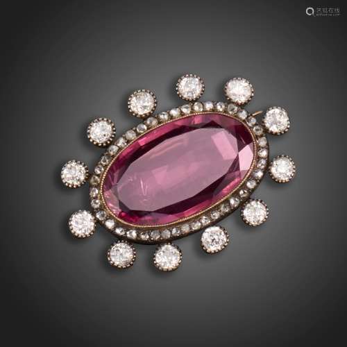 A 19th century spinel and diamond brooch, set with an oval-s...