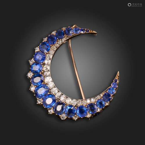 A late 19th century sapphire and diamond crescent brooch, th...