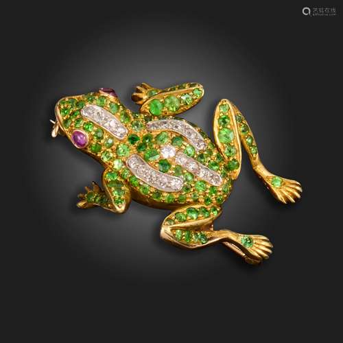 An early 20th century gem-set gold frog brooch, set with dem...