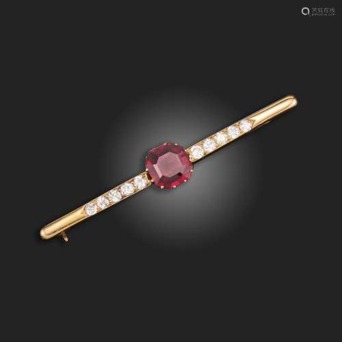 A spinel and diamond bar brooch, the emerald-cut red spinel ...