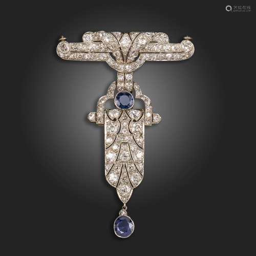 An Art Deco diamond and sapphire brooch pendant, the brooch ...