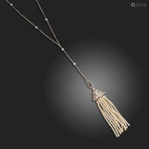 An Art Deco diamond and seed pearl tassel pendant by Cartier...