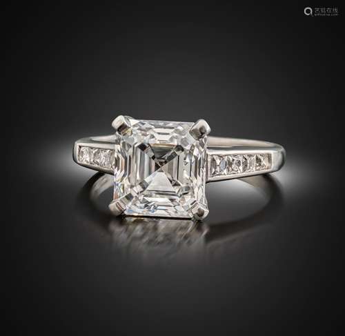 A diamond solitaire ring, the Asscher-cut diamond weighs 3.0...