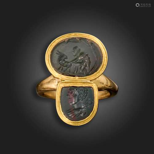 A Roman double hardstone intaglio ring, c.1st-2nd century BC...