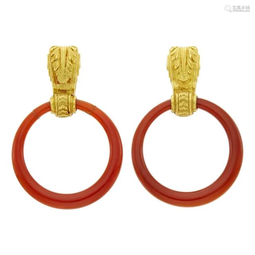 Bulgari Pair of Gold and Carnelian Hoop Earclips