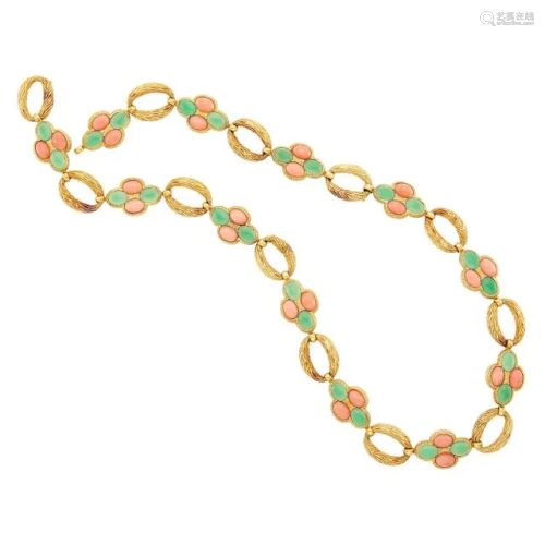 Van Cleef & Arpels Gold, Coral and Green Chrysoprase Nec...