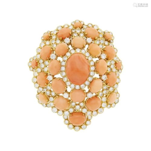 Gold, Angel Skin Coral and Diamond Clip-Brooch