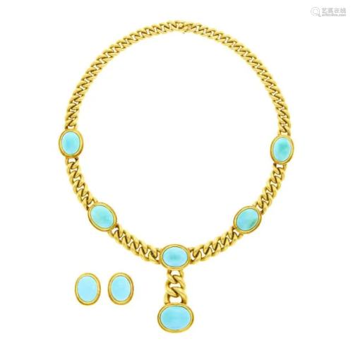 Gold and Turquoise Necklace and Pair of Earclips