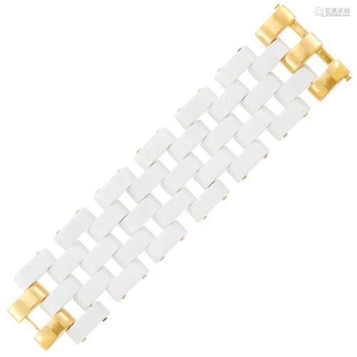 Wide Gold and White Agate Link Bracelet