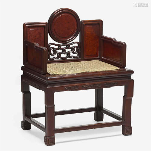 A Chinese carved hardwood and huamu armchair 硬木搭红木扶手