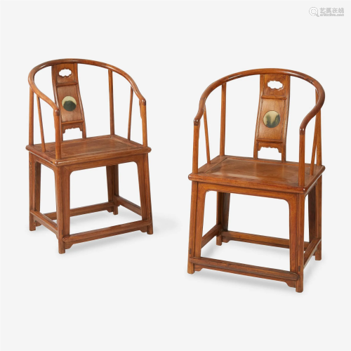 A pair of Chinese marble-inset hardwood continuous back armc...