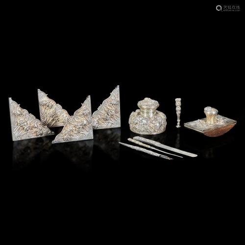 An eight-piece Chinese silver desk set with two added pieces...