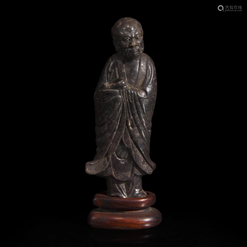 A Chinese carved dark soapstone Luohan 寿山石雕罗汉 Depictin...