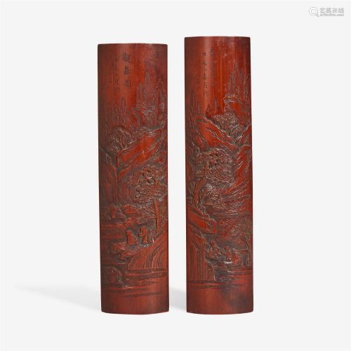 Two Chinese carved bamboo wrist rests 竹雕臂搁两件 Shaoxi ma...