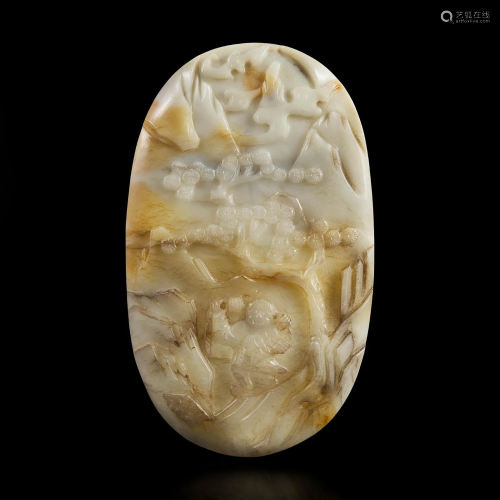 A Chinese carved jade oval plaque with a figure of Liu Hai i...