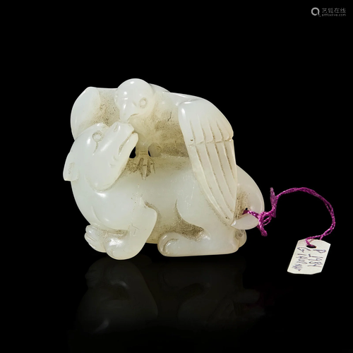 A Chinese carved white jade bird and beast pendant 玉雕一件 ...