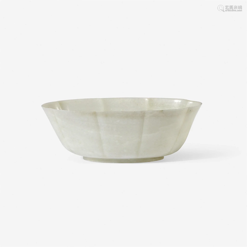 A Chinese pale greyish-white jade lobed oval bowl 灰白玉莲瓣...