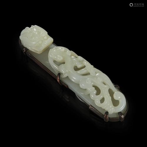 A well-carved Chinese white jade belthook 苍龙教子白玉带