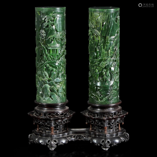 A pair of Chinese spinach jade cylinder censers and covers w...