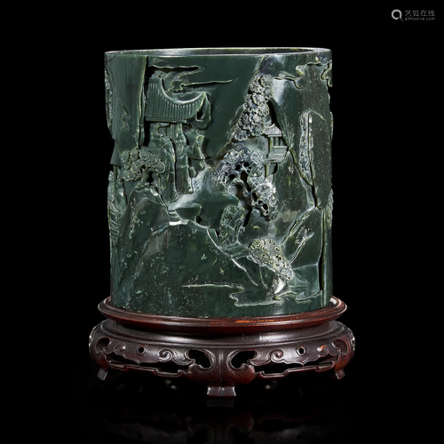 A Chinese spinach-jade brushpot with marble-inlaid wood stan...