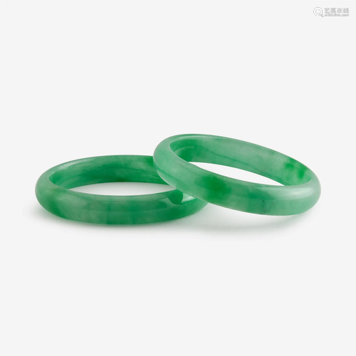 Two jadeite bangles with straight interiors 翡翠平安镯一组