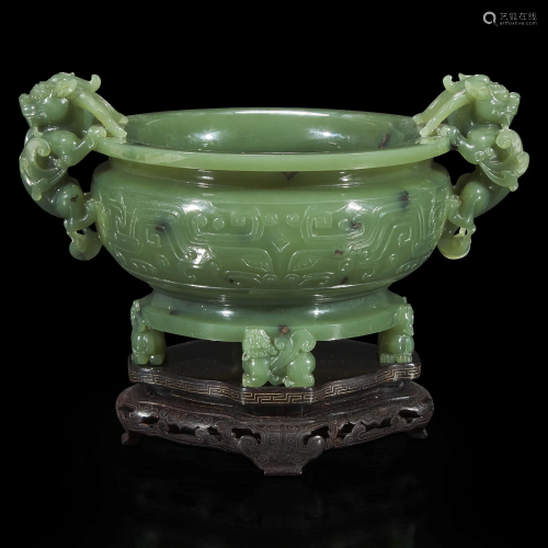 A Chinese carved sage green jade tripod censer 碧玉三足香炉