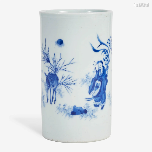 A Chinese blue and white porcelain brush pot 青花笔筒一件 In