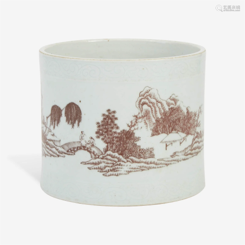 A Chinese underglaze red-decorated porcelain brush pot 釉里红...