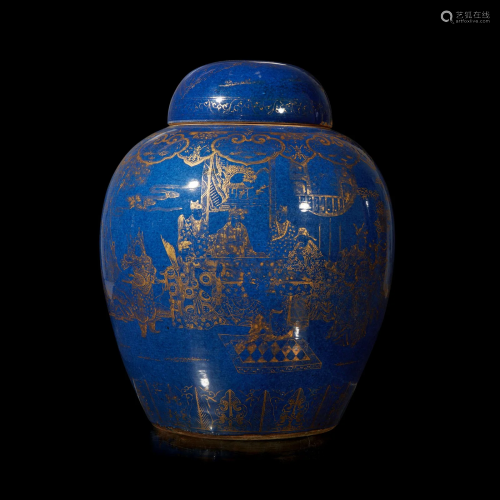 A massive Chinese gilt-decorated powder blue ovoid jar and c...