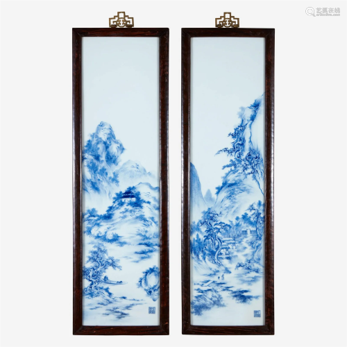 Two finely-painted Chinese blue and white porcelain panels 青...