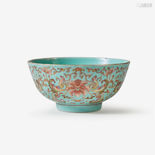 A Chinese famille rose-decorated turquoise-ground bowl 绿松石...