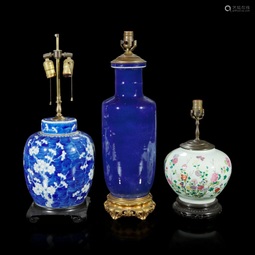Three Chinese porcelain vases mounted as lamps 瓷瓶嵌台灯三