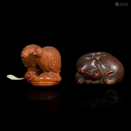 Two carved wood netsuke: a sleeping dog and a pair of quail ...