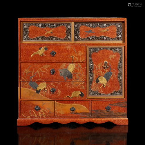 A Japanese lacquered "Cranes" table cabinet 日本漆...