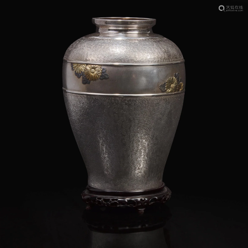 A Japanese silver and mixed metal vase with wood stand, Miya...