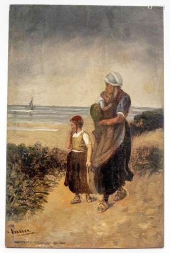 19th C. Ethel Hamilton Oil Painting, Family at Seaside