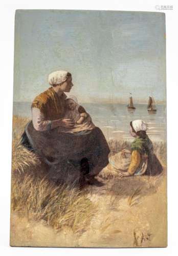 19th C. Berthe Art, Oil Painting, Family on Beach