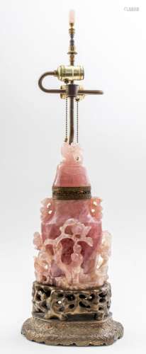 Chinese Rose Quartz Lidded Vase Mounted Lamp