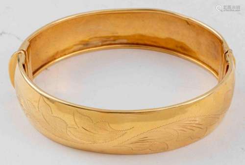 14K Yellow Gold Engraved Wide Bangle Bracelet