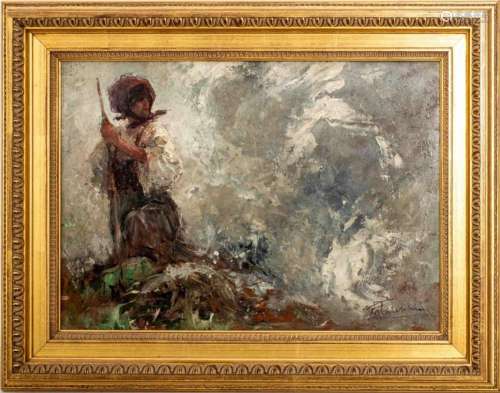 Signed Illegibly Shepherdess Oil on Canvas