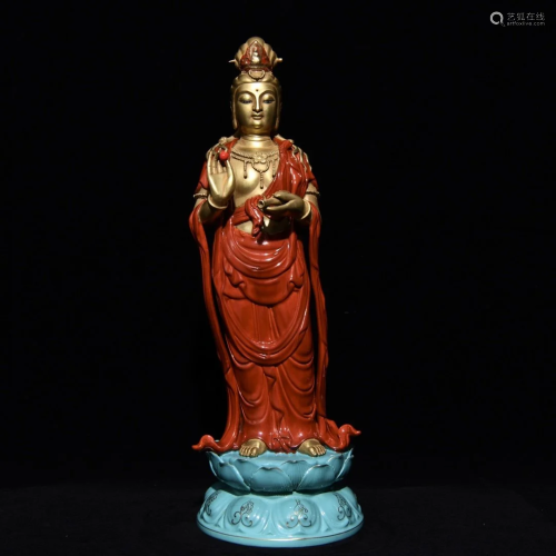 Chinese Gilt Gold Iron Red Glaze Kwan-Yin Porcelain Statue