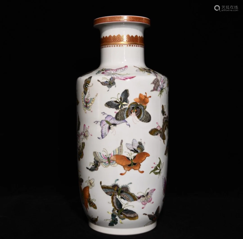 Gilt Gold Famille Rose Butterfly Design Porcelain Vase