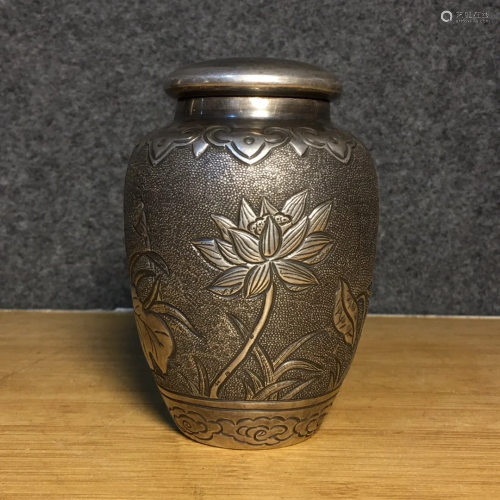 Chinese Qing Dynasty Pure Silver Lotus Flower Tea Caddy