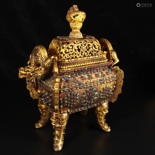 Openwork Chinese Gilt Gold Red Copper Inlay Gem Double Drago...