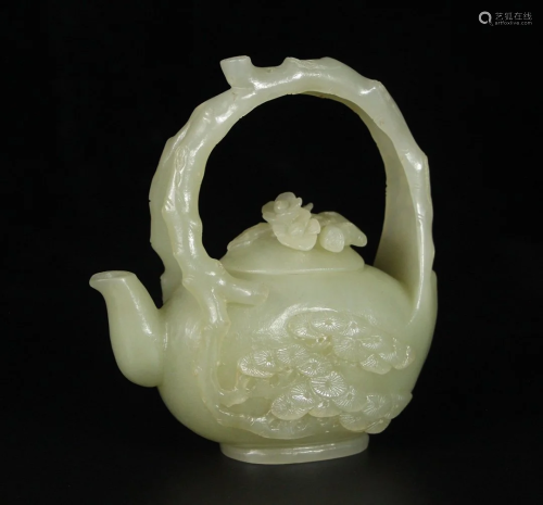 Superb Chinese Qing Hetian Jade Pine Tree Handle Teapot
